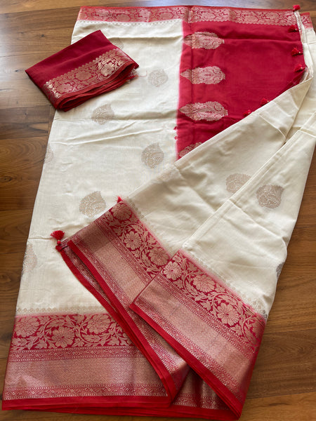 Ivory Red Tussar Silk Saree