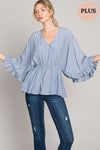 Dusty Blue Babydoll Wide Sleeve Top +