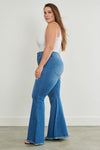 medium wash frayed hem flare jeans +