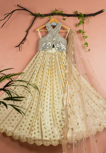 Banana Butti Scallop Lehenga With Ivory Zardosi Silk Blouse and