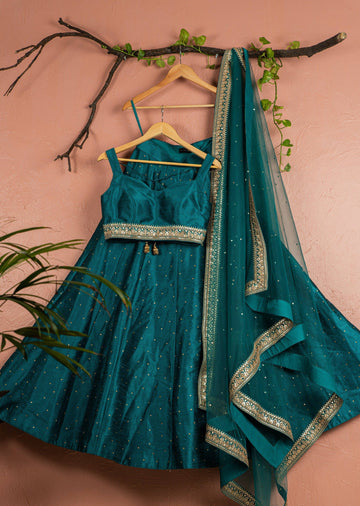 Rosewood Floral Lehenga With Emerald Green Zari Blouse