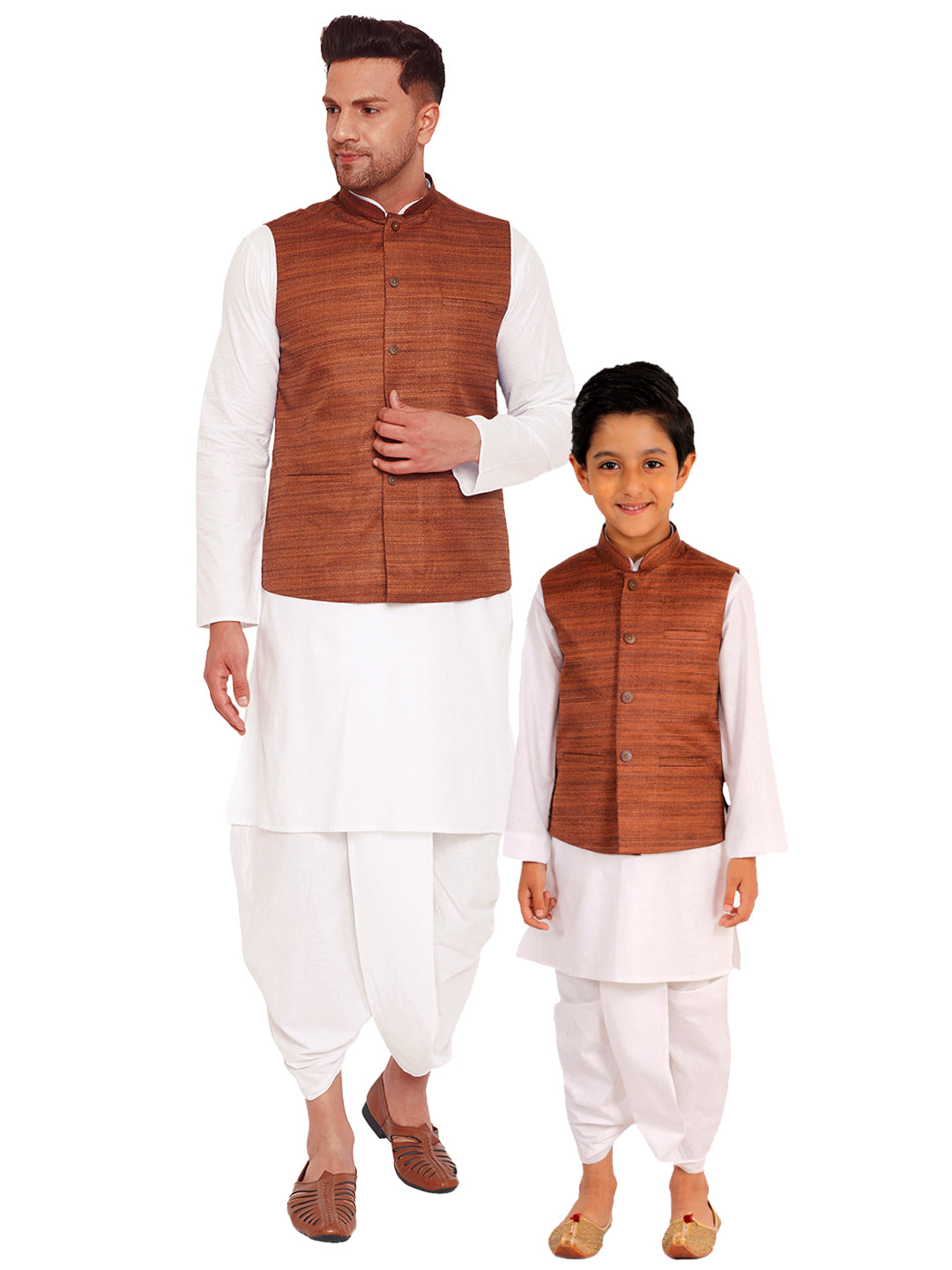 Ivory Floral Jacket and Trousers with Tortilla Brown Kurta - GetEthnic