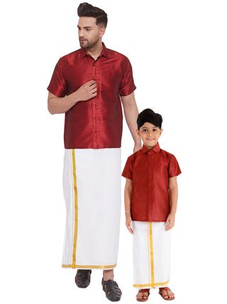 Boys Silk Cotton Red Half Sleeves Shirt with Adjustable Cream Dhoti Co