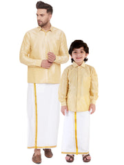Men's & Boys Gold Solid Silk Blend Full Sleeve Ethnic Shirt And Mundu Set