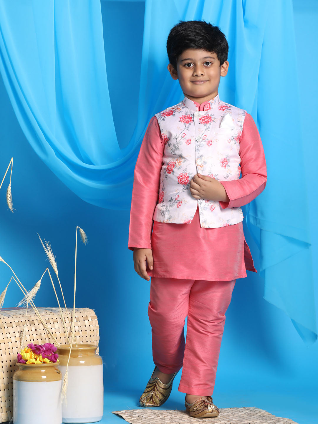 Cotton Silk Kurta Pajama With Jacket In Light Pink And Blue Colour -  BK2710930