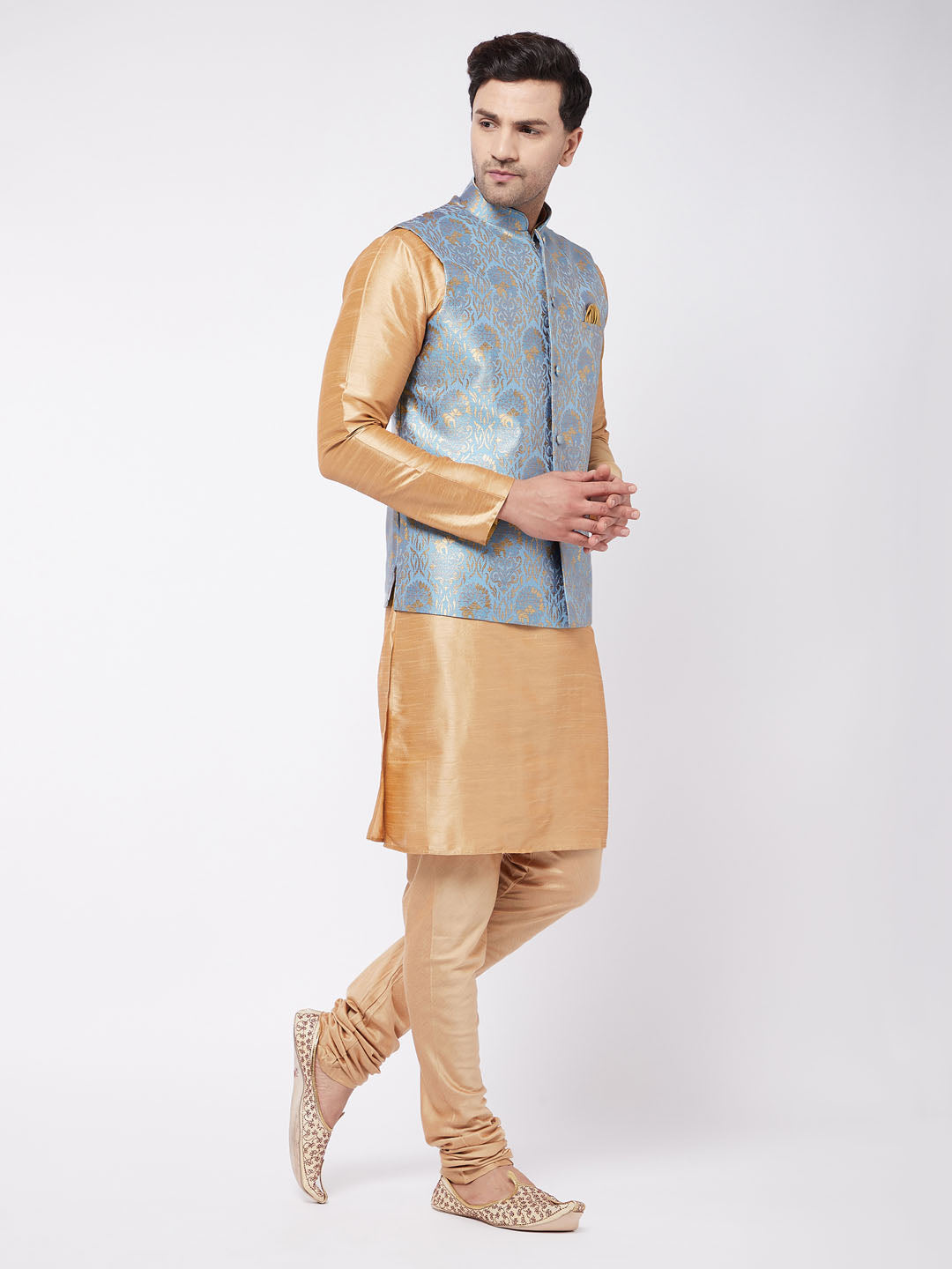 Silk Readymade Golden Kurta Pajama And Jacket 734MW02