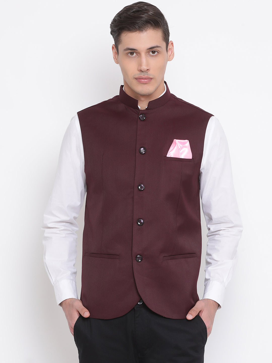 Digital Printed Art Silk Nehru Jacket in Maroon : MLY1617