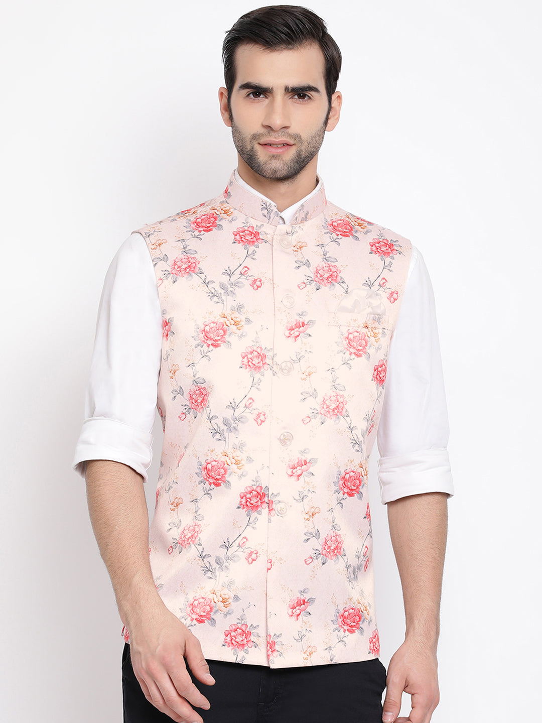 Men's Pink Ethnic Motifs Kurta with Pyjamas & Nehru Jacket