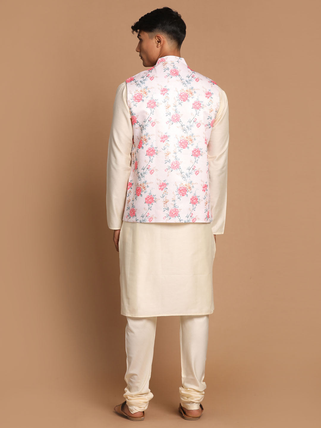 Yellow Floral Kurta With Striped Jacket And Pajama - Bubchic