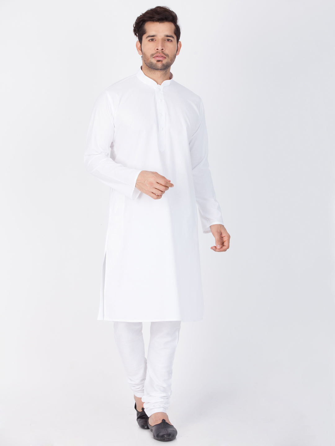 VASTRAMAY Men's White Cotton Linen Blend Kurta Churidar Set