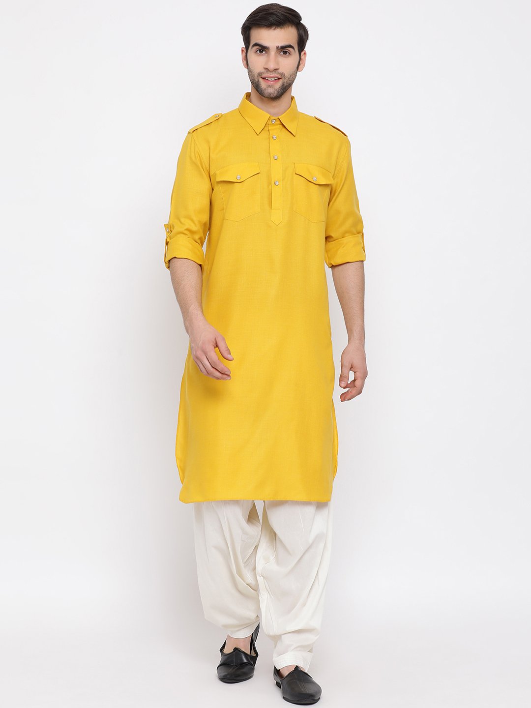 VM By VASTRAMAY Men's Mustard Cotton Blend Pathani Suit Set ...