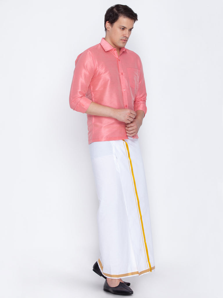 VASTRAMAY Men's Pink Cotton Silk Blend Shirt and Mundu Set