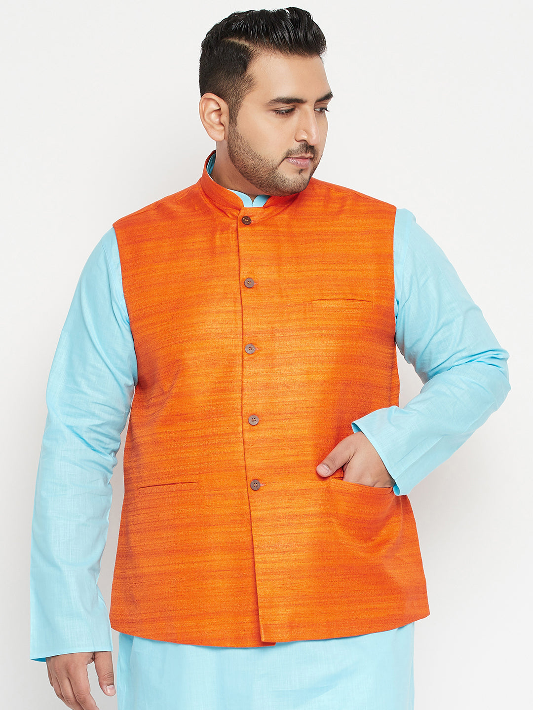 Sojanya Men's Silk Blend Orange Kurta & Maroon Nehrujacket With White  Pyjama Combo - Sojanya