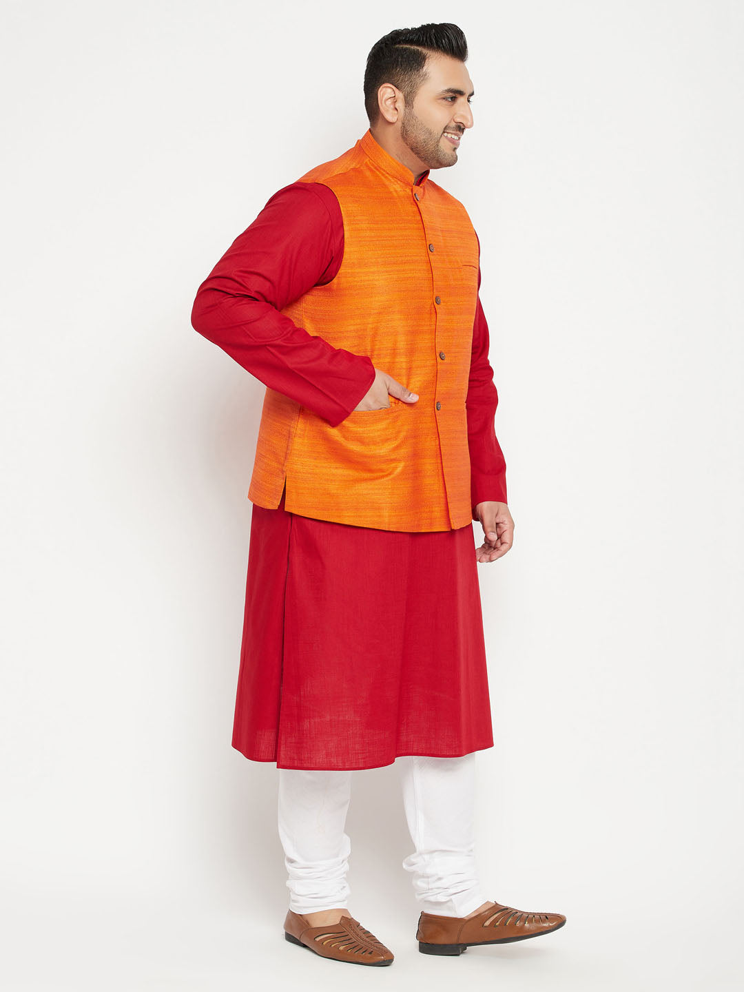 Buy VASTRAMAY Orange Silk Blend Kurta With Ethnic Jacket And Churidar (Set  of 3) online