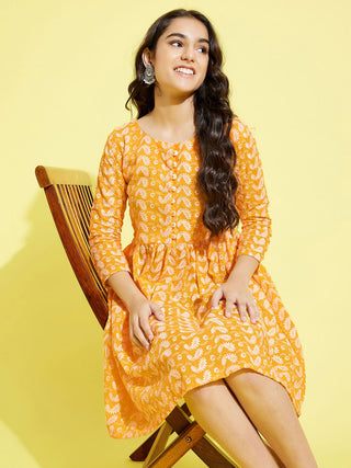 Ceemee Orange Cotton Dress Top(Kurti) With Brown Leggings @ Best