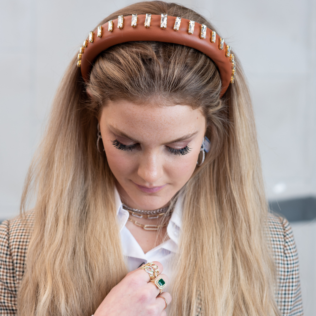 Serena Cognac Leather Baguette Jeweled Padded Hard Headband Valeri Chicago