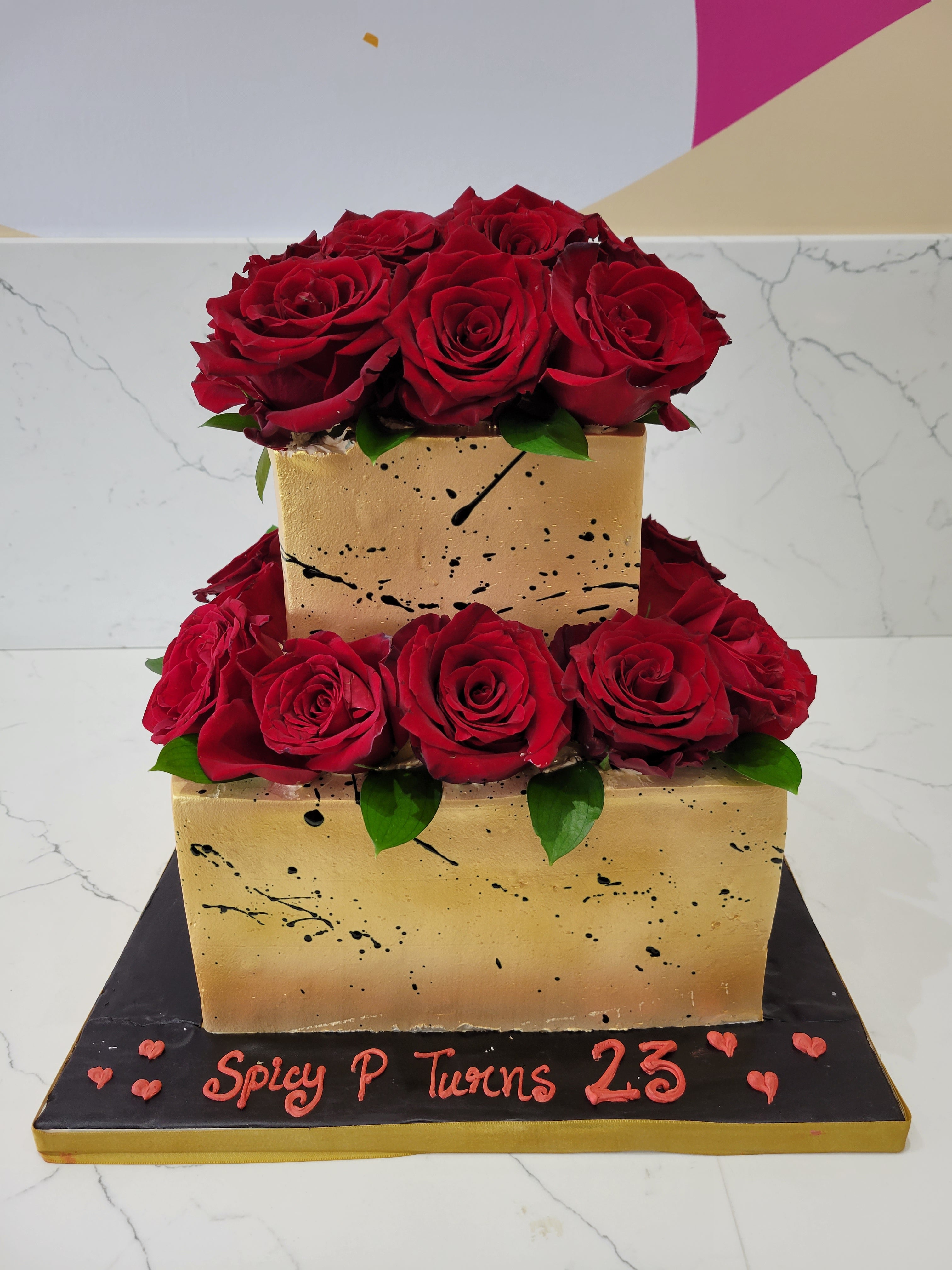 Golden Red Rose Cream Wedding Cake - Rashmi'S Bakery