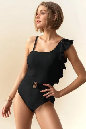 Black One Shoulder Ruffle One Piece Swimsuit - A Moment Of Now™