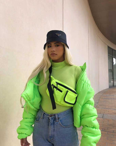 Streetwear Outfit with Neon Jacket and Mom Jeans