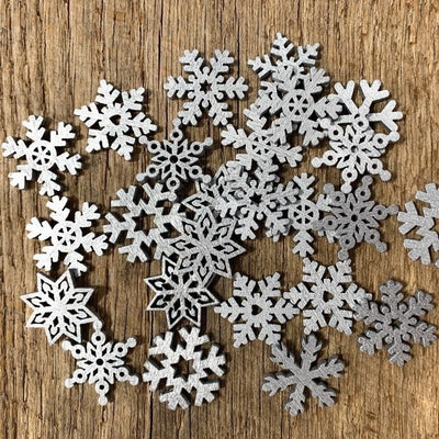 1 Inch SILVER Mini Wood Snowflake Christmas Ornaments 25 QTY