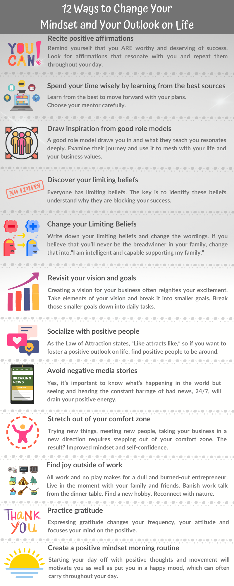 12 Ways to Change Your Mindset and Your Outlook on Life infographic 