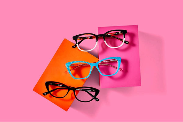 Glasses for square face shape: 3 pairs of eyeglasses on a pink background