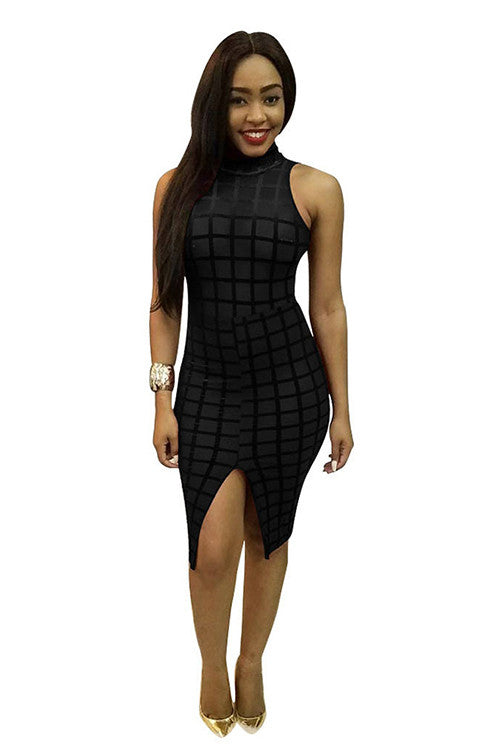 black sleeveless bodycon dress