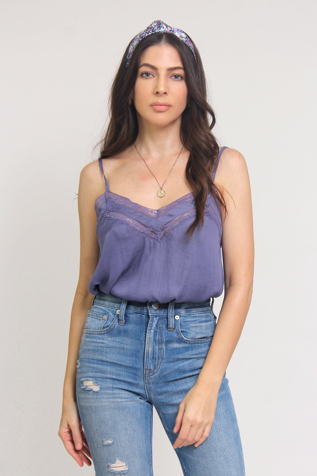 Modal Crop Cami with Lace Trim - Mist blue