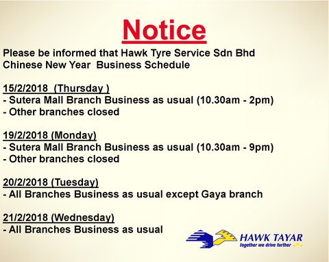 CHINESE NEW YEAR BUSINESS SCHEDULE 2018 – Hawk Tyre 