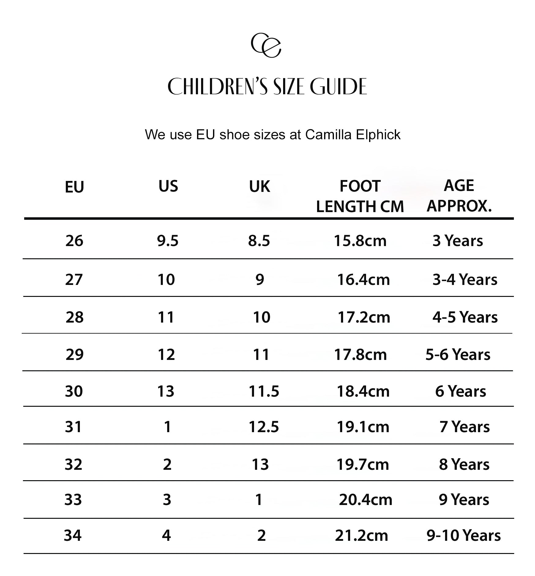 Childrens Shoes Size Guide | Designer Shoes | Camilla Elphick