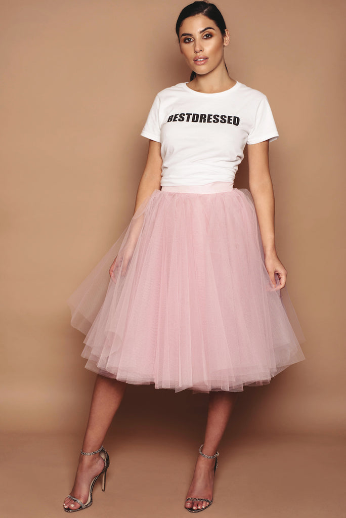 amore mesh tulle skirt in taupe 