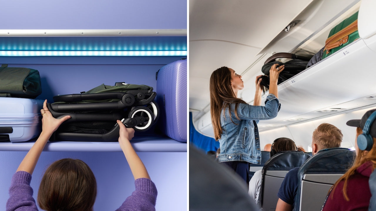 Mother Storing A Stroller in the Overhead Section of An Airplane