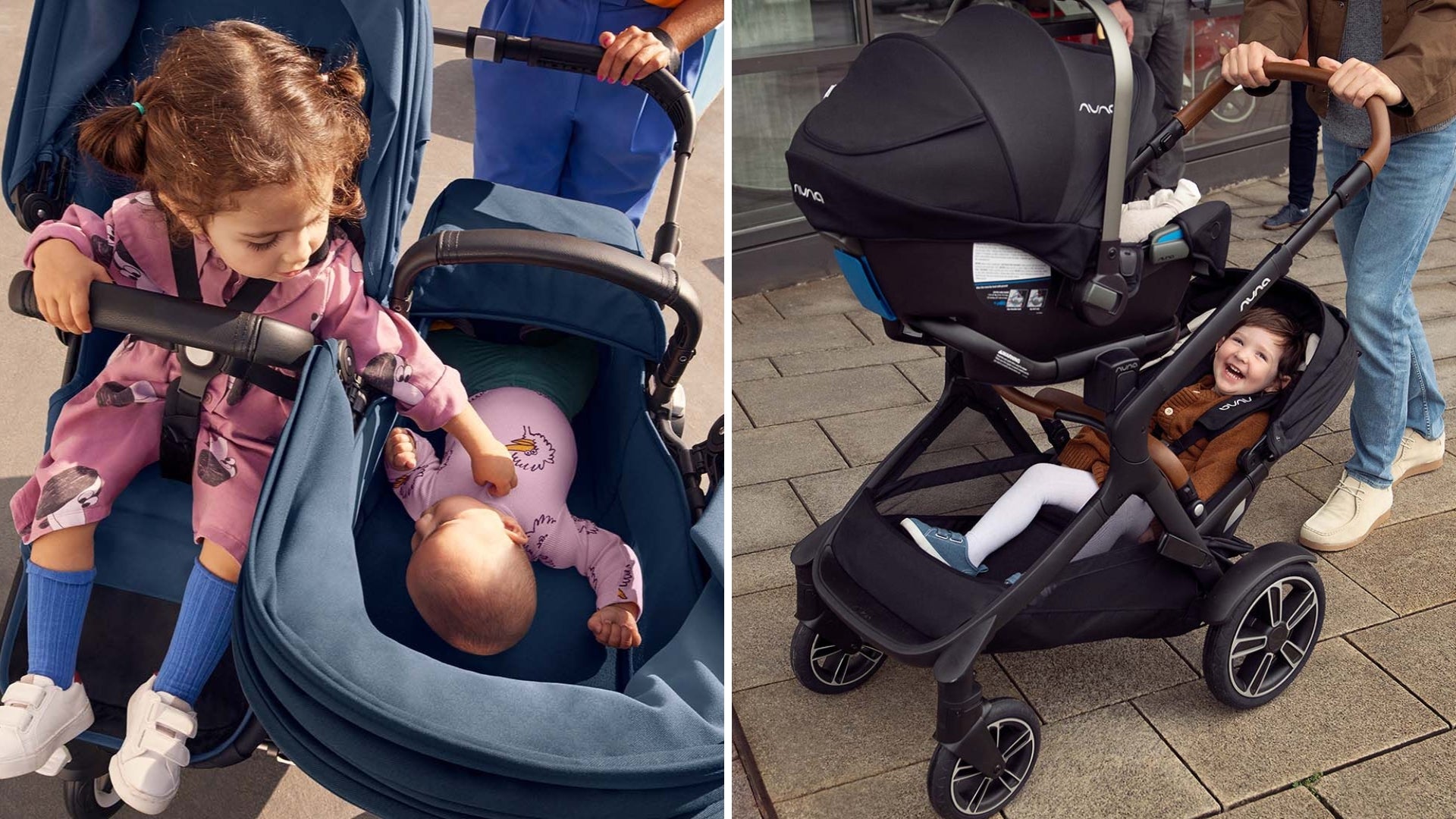 Double Donkey5 with toddler and newborn in bassinet next to Double DEMI Next with car seat on top and toddler below