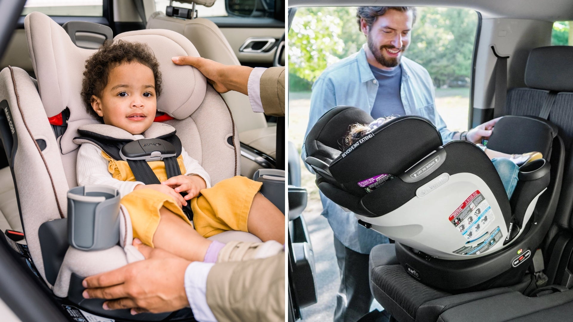 Comparison picture of the Emme 360 with a rotating child in it and a rear facing child in the Revolve360 Extend