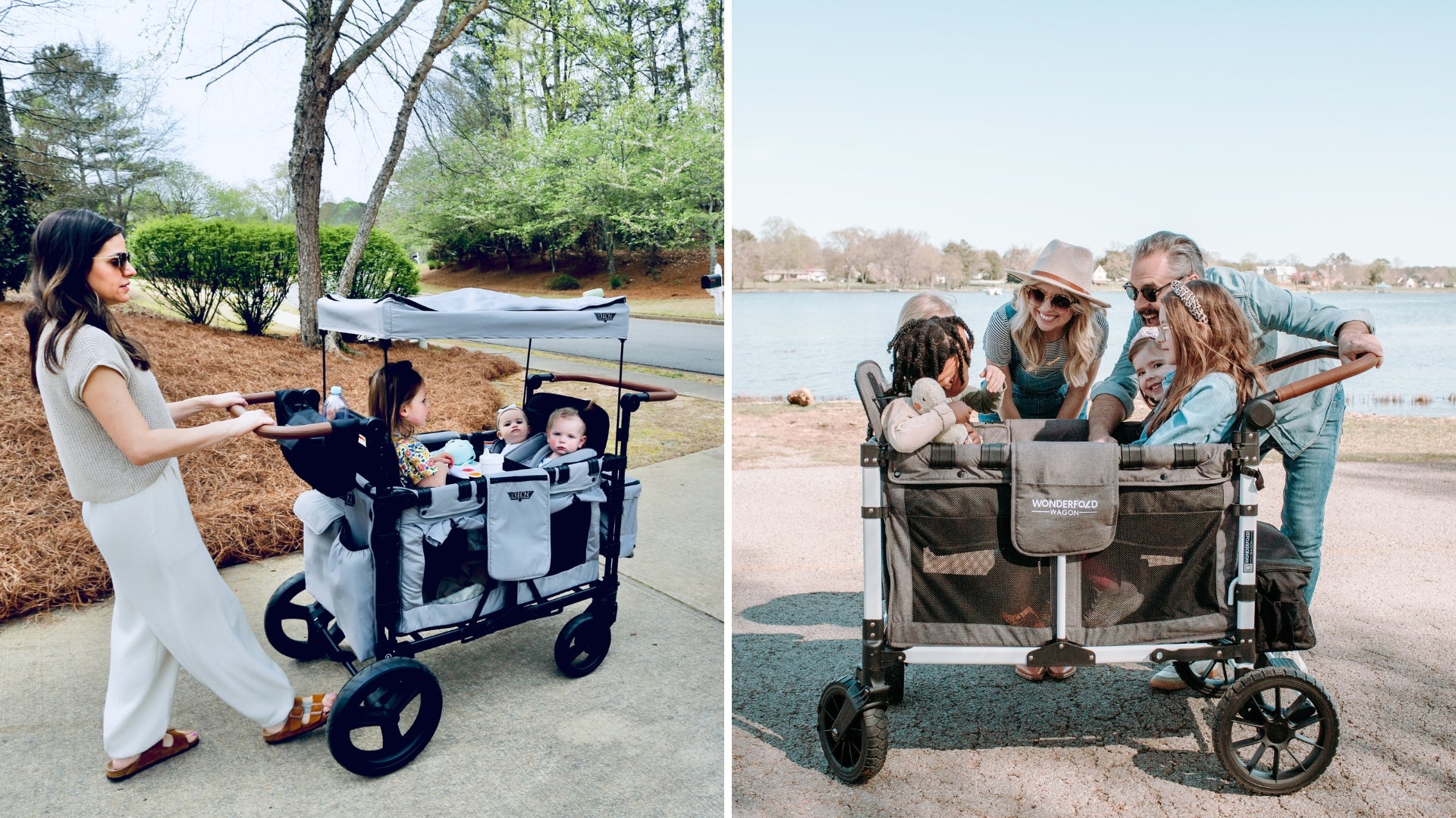 Keenz XC+ being pushed with multiple children and the WonderFold W4 Luxe with multiple kids
