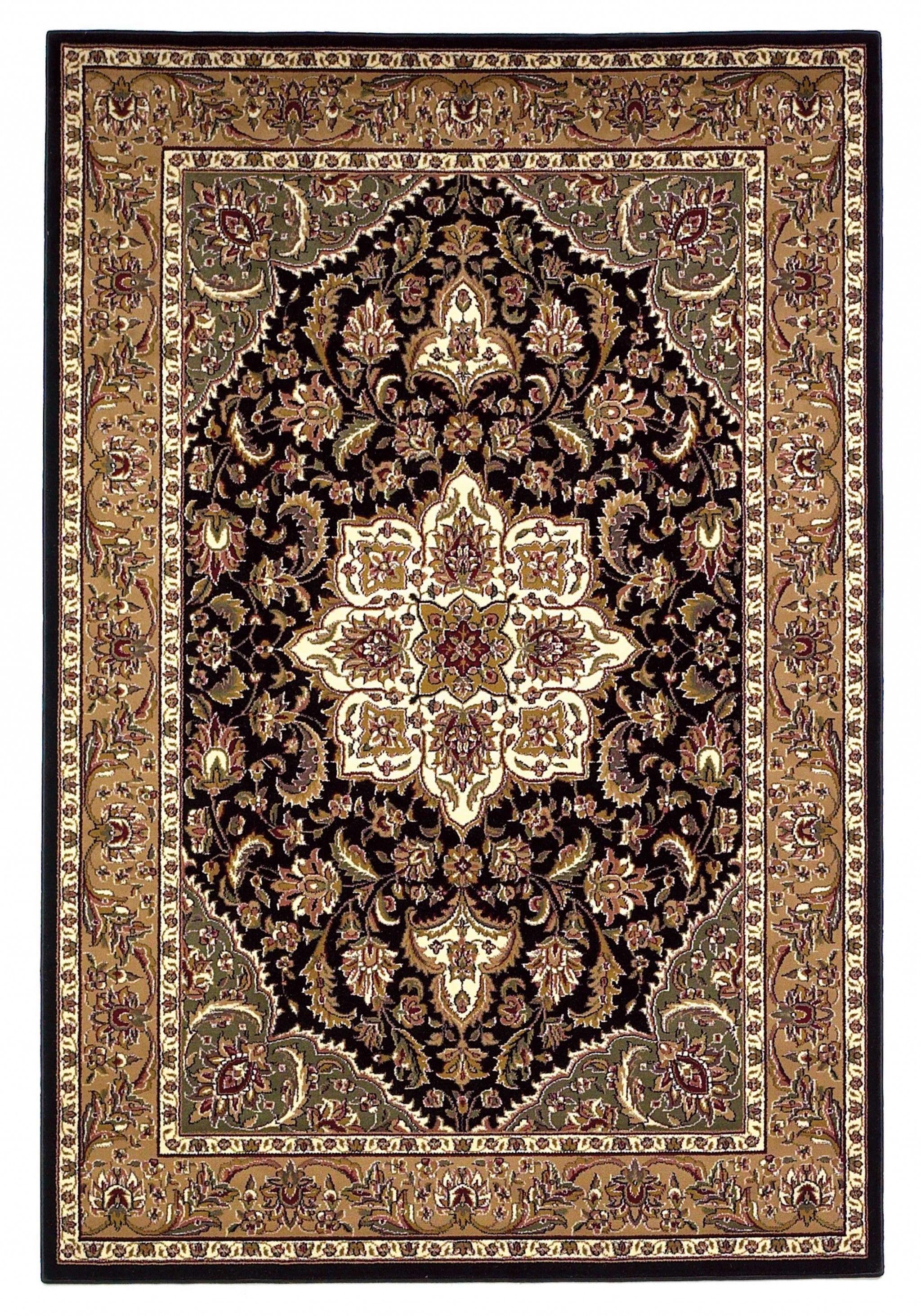 2'X3' Black Beige Machine Woven Floral Medallion Indoor Accent Rug