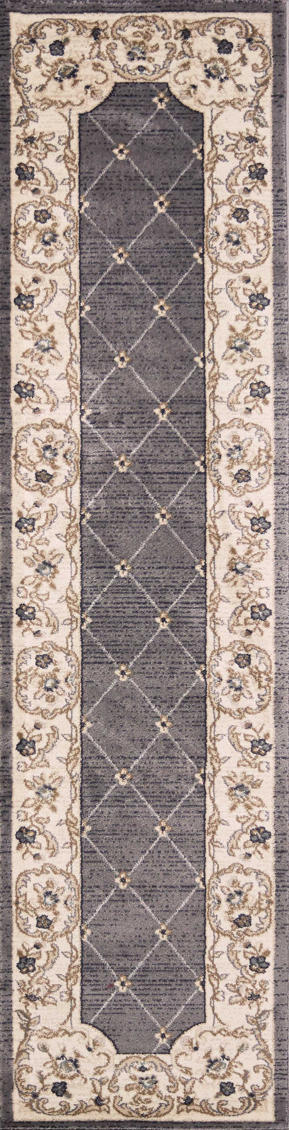 8' Grey Ivory Bordered Floral Indoor Runner Rug 8' Grey Ivory Bordered