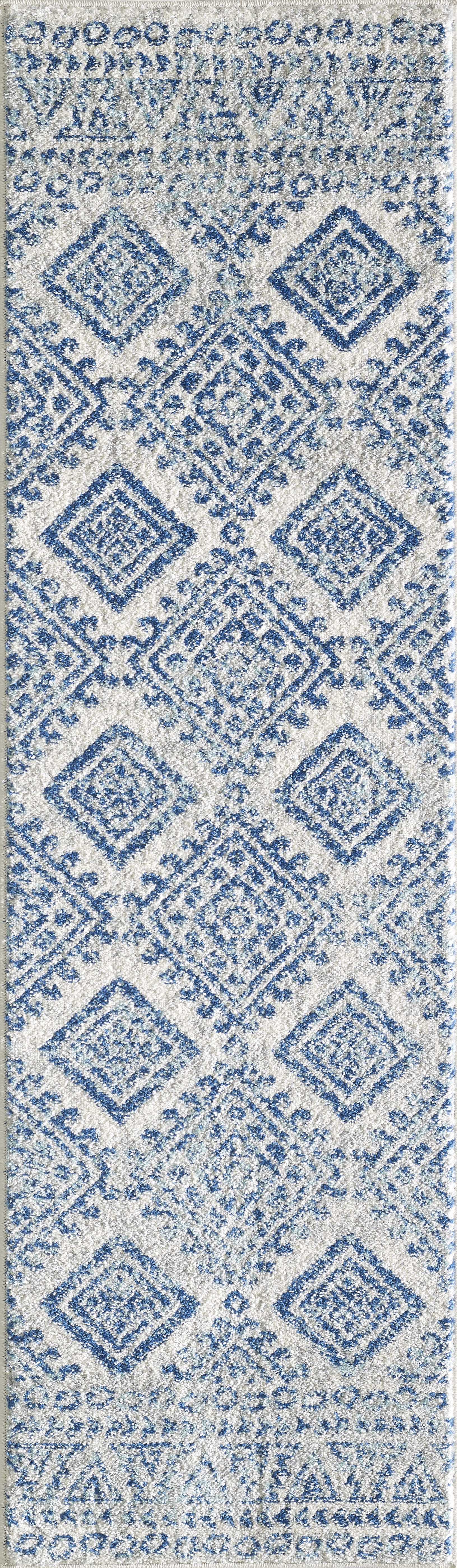 7'X12' Ivory Blue Machine Woven Distressed Geometric Indoor Area Rug 7'X12'