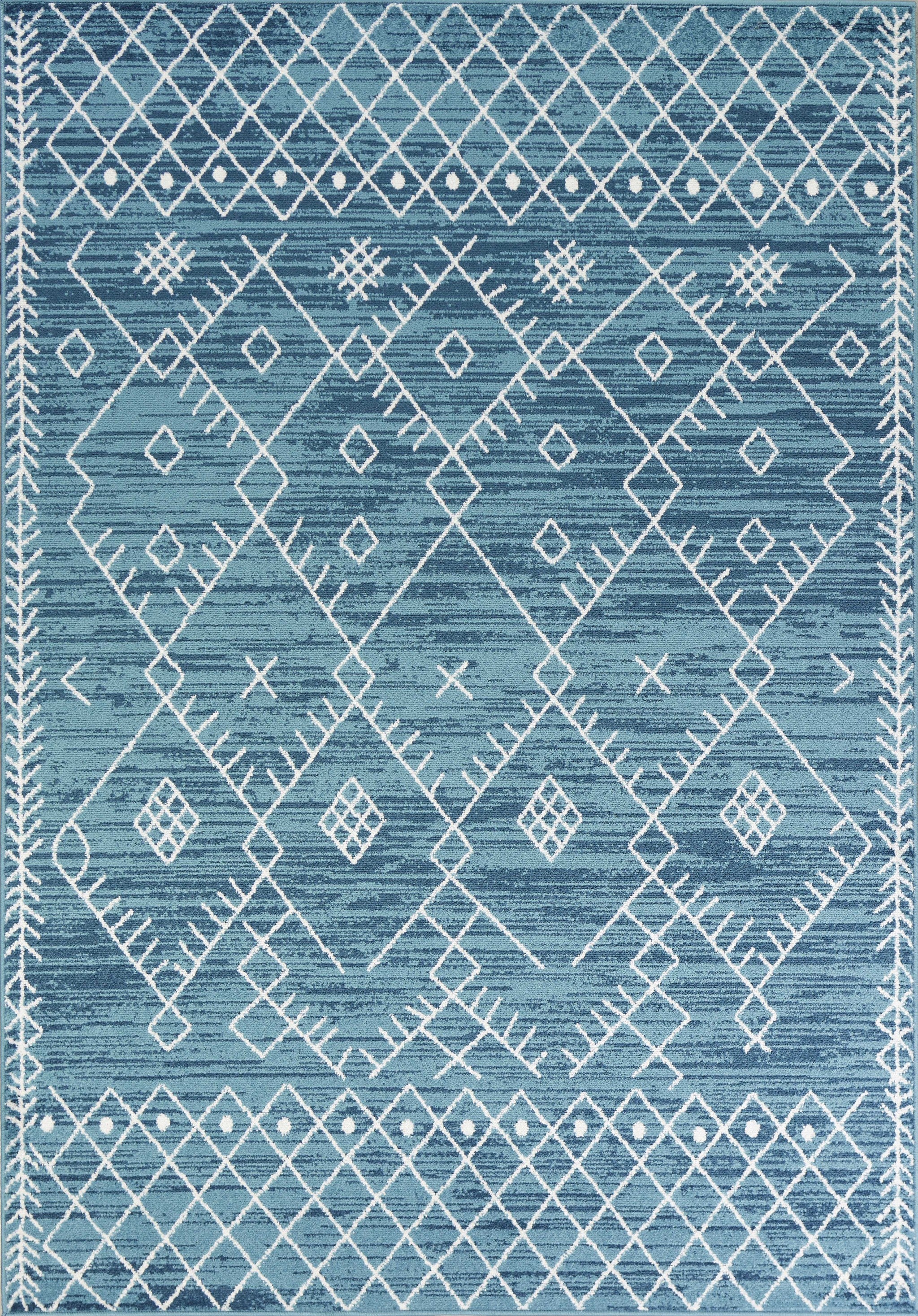 5'X8' Distressed Ocean Blue Geometric Bohemian Design Area Rug 5'X8'