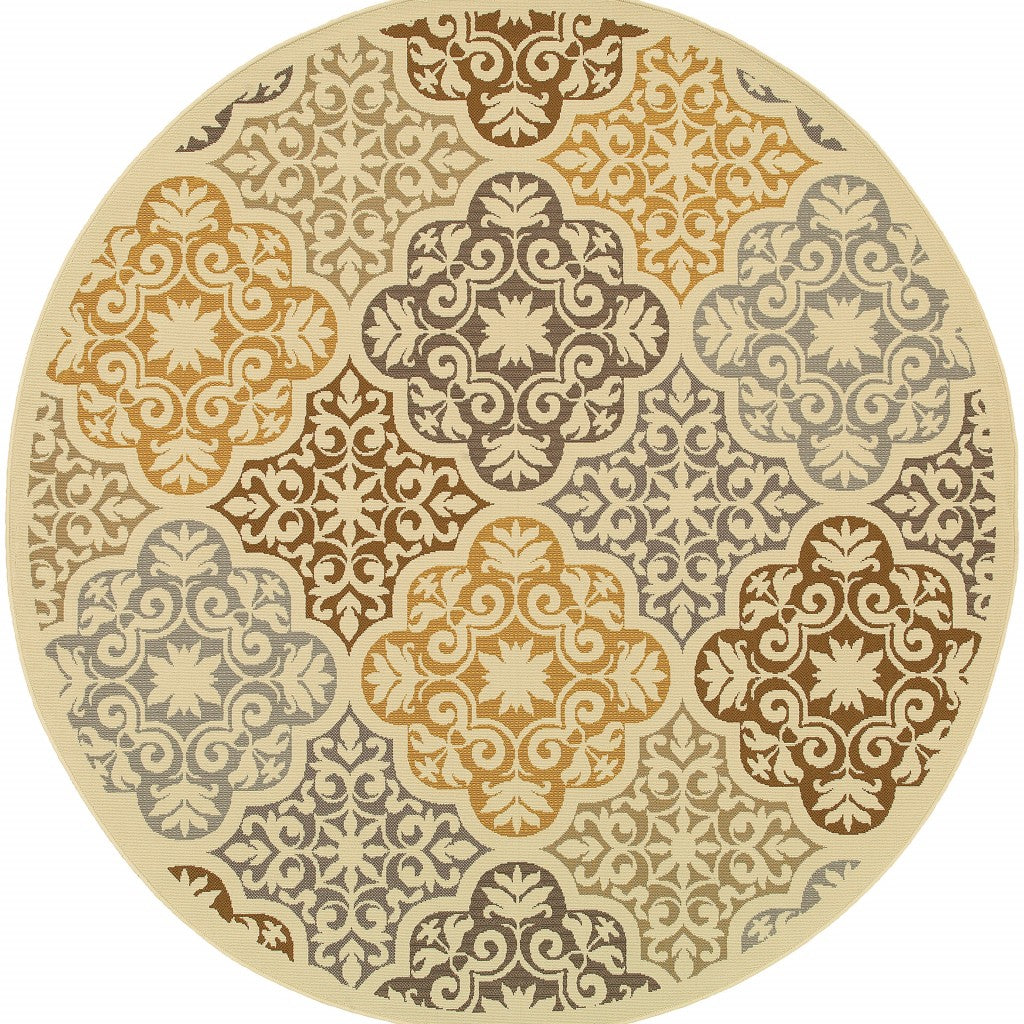 7' Round Ivory Grey Floral Medallion Indoor Outdoor Area Rug 7' Round Ivory