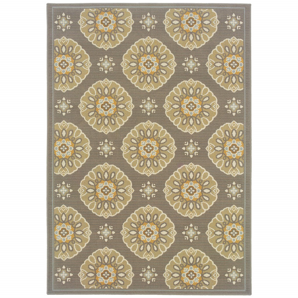 7' X 10' Grey Gold Floral Medallion Discs Indoor Outdoor Area Rug 7' X 10'