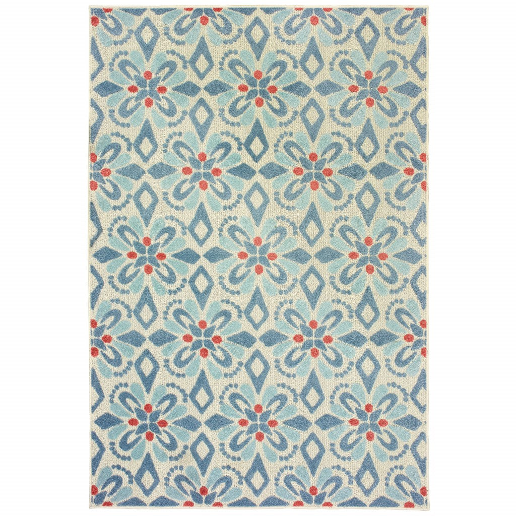 6' X 9' Ivory Blue Global Geo Tile Indoor Outdoor Area Rug 6' X 9' Ivory