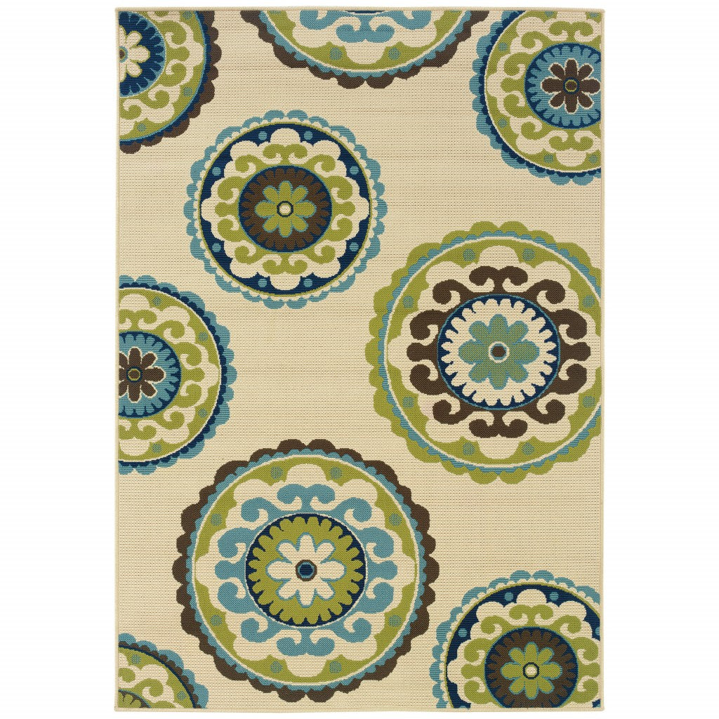 3' X 5' Ivory Indigo And Lime Medallion Disc Indoor Outdoor Area Rug 3' X