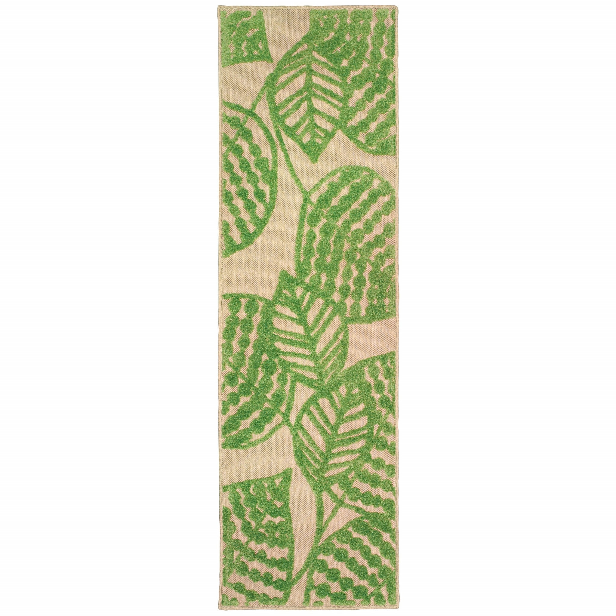 8' Sand And Lime Green Leaves Indoor Outdoor Runner Rug 8' Sand And Lime