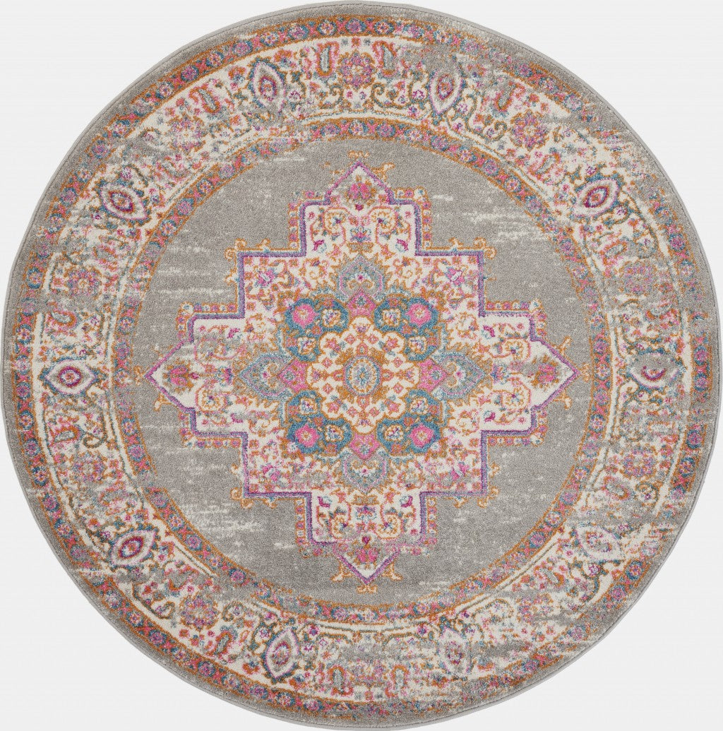 4鈥 Round Gray And Gold Medallion Area Rug 4鈥 Round Gray And Gold Medallion