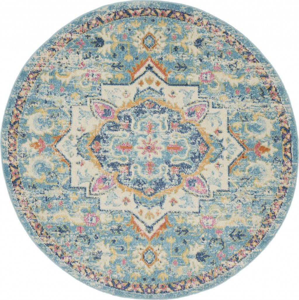 5鈥 Round Light Blue And Ivory Distressed Area Rug 5鈥 Round Light Blue And