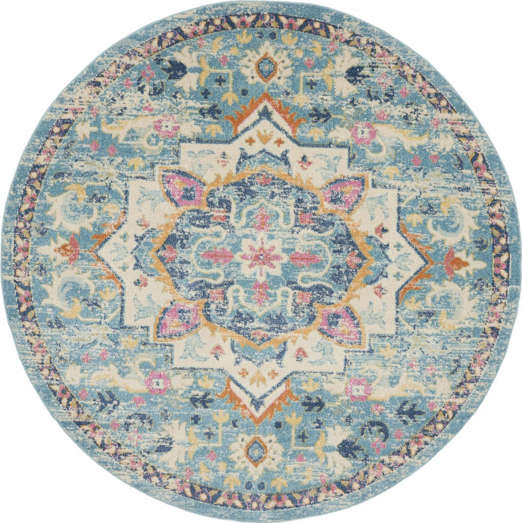 8鈥 Round Light Blue And Ivory Distressed Area Rug 8鈥 Round Light Blue And