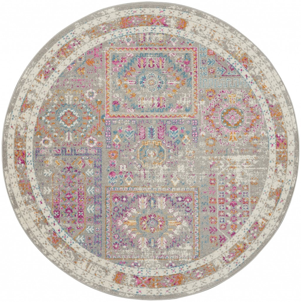 5鈥 Round Gray Distressed Ornamental Area Rug 5鈥 Round Gray Distressed