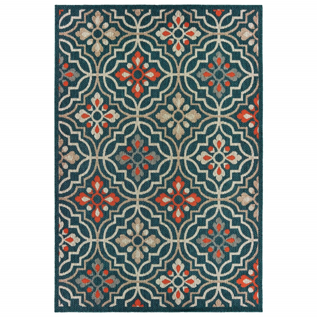 10'X13' Blue Orange Floral Lattice Indoor Outdoor Area Rug 10'X13' Blue