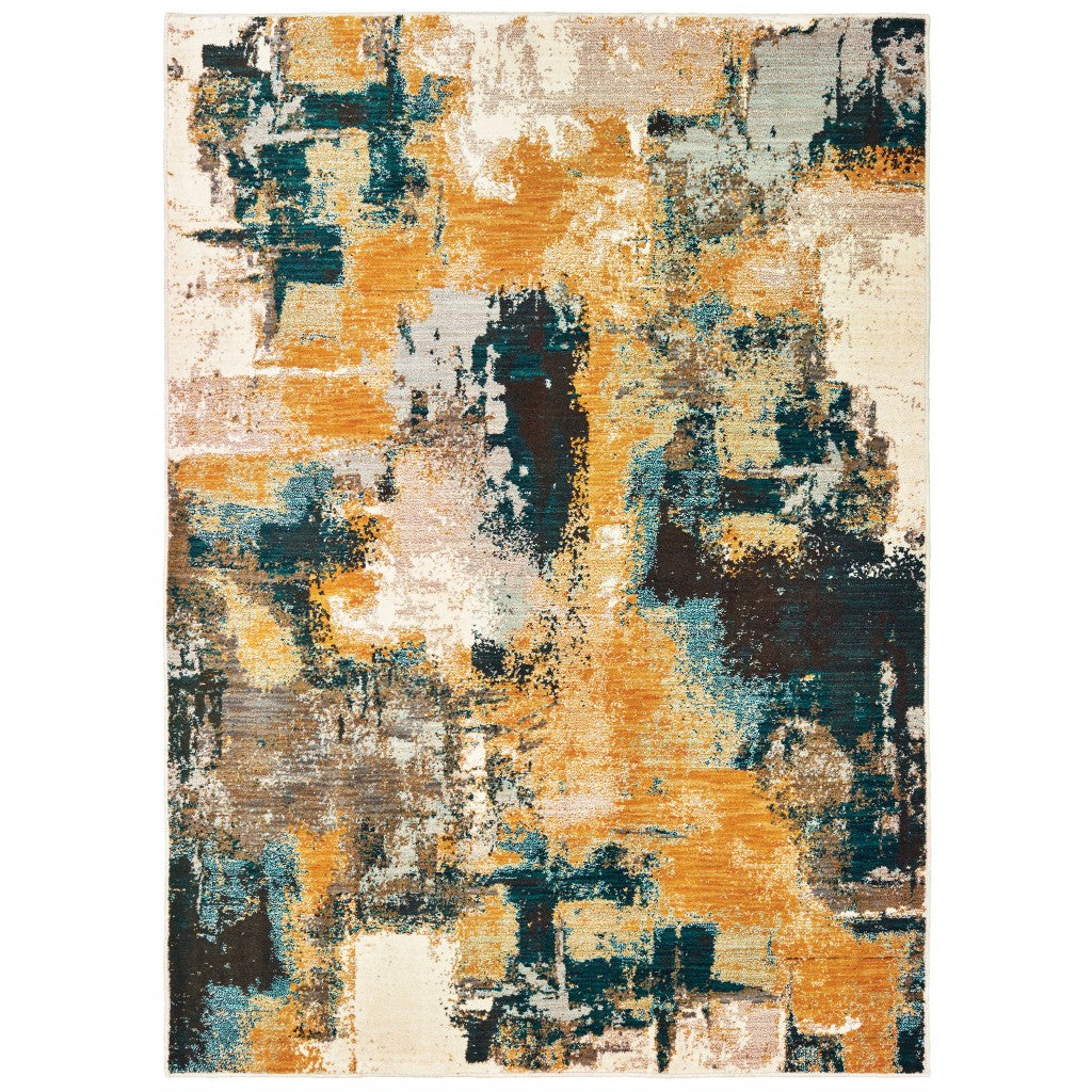 5鈥橷8鈥 Blue And Gold Abstract Strokes Area Rug 5鈥橷8鈥 Blue And Gold Abstract